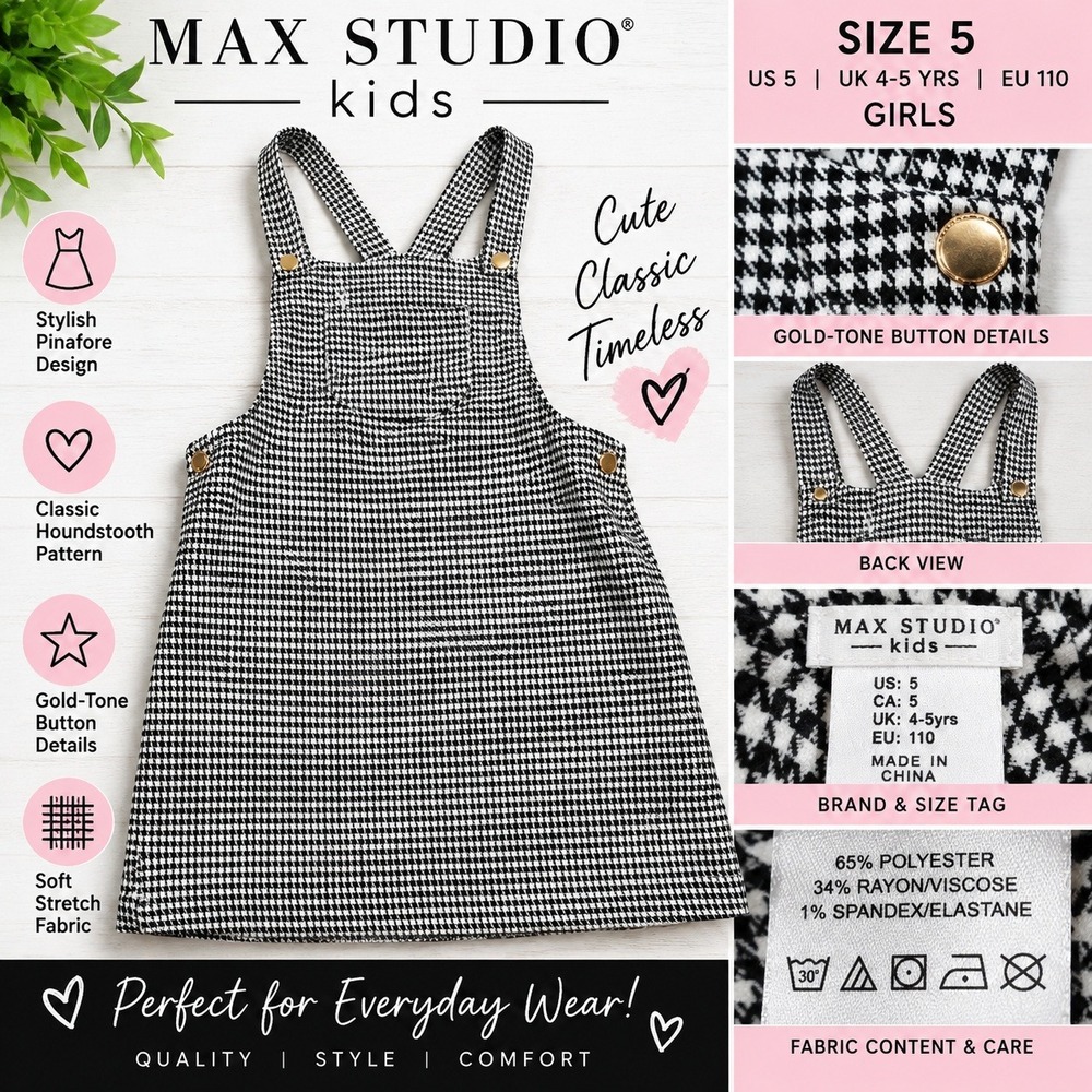 Max Studio Kids Girls Size 5 Houndstooth Pinafore Dress Jumper Gold Buttons